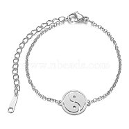 Feng Shui 201 Stainless Steel Link Bracelets, with Cable Chains and Lobster Claw Clasps, Flat Round with YinYang, Stainless Steel Color, 6-3/8 inch~6-7/8 inch(16.3~17.4cm), 1.5mm(STAS-T040-JN014-1)