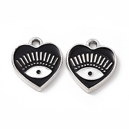 Alloy Enamel Pendants, Platinum, Heart with Eye Charm, Black, 14.5x13x1.5mm, Hole: 1.6mm(ENAM-K066-08F)