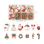 120Pcs 12 Style Light Gold Christmas Theme Alloy Enamel Pendants, Christmas Tree & Santa Claus & Moon & Reindeer/Stag & Glove & Jingle Bell & Candy Cane & Christmas Wreath & Gift, Mixed Color, 10pcs/style(ENAM-LS0001-55)
