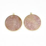 Natural Strawberry Quartz Pendants, with Brass Findings, Flat Round, Golden, 32~34x28.5~31x2mm, Hole: 1.6mm(G-E526-10A)