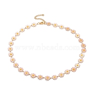 Enamel Daisy Link Chain Necklace, Vacuum Plating 304 Stainless Steel Jewelry for Women, Golden, Pink, 16.3 inch(41.5cm)(NJEW-P220-01G-05)
