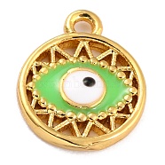 Golden Brass Enamel Pendants, Long-Lasting Plated, Flat Round with Evil Eye, Green, 12x9.5x1.5mm, Hole: 1.2mm(KK-P197-13C-G)