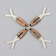 Opaque Resin & Walnut Wood Pendants,  Jesus Fish, For Easter, Floral White, 38x14x3mm, Hole: 2mm(RESI-S389-019A-C04)