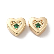 Real 18K Gold Plated Brass Beads, with Glass, Heart, Dark Green, 7x7.5x3.5mm, Hole: 1mm(KK-H455-09G-03)