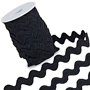 Polyester Wavy Fringe Trim, Wave Bending Lace Ribbon, for Clothes Sewing and Art Craft Decoration, Black, 1/2 inch(12mm), about 12.5 yards(OCOR-GF0003-44D-01)