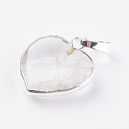 Natural Quartz Crystal Pendants, with Brass Findings, Faceted, Heart, Silver Color Plated, 14~15x12~12.5x4.5~5.5mm, Hole: 4x6mm(G-G737-14A-S)
