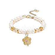 Lampwork Flower Charm Bracelet, Natural Pearl & Glass Beaded Dainty Bracelet for Women, Goldenrod, 7-1/2 inch(19cm)(BJEW-TA00177-04)