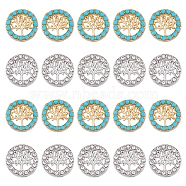 50Pcs 2 Style Alloy Slide Charms, with Synthetic Turquoise & Crystal Rhinestone, Flat Round with Tree of Life, Platinum & Golden, 12x5.5mm, Hole: 1.8mm & 2.1x7.7mm, 25pcs/style(FIND-DC0003-59)