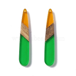 Transparent Resin & Walnut Wood Pendants, Teardrop Charms, Lime Green, 44x7.5x3.5mm, Hole: 1.5mm(RESI-M027-12E)