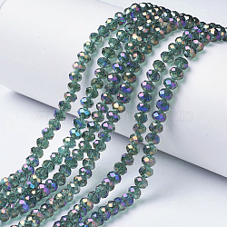 Electroplate Transparent Glass Beads Strands, Full Rainbow Plated, Faceted, Rondelle, Medium Sea Green, 4x3mm, Hole: 0.4mm, about 123~127pcs/strand, 16.5~16.9 inch(42~43cm)(EGLA-A034-T4mm-G02)