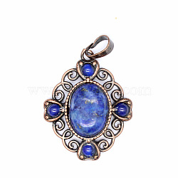 Retro Hollow Natural Lapis Lazuli Pendants, Flower Rhombus Pendants, with Red Copper Metal Finding, 33x27x7mm(PW-WG7B8C5-03)