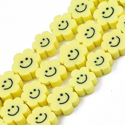 Handmade Polymer Clay Bead Strands, Flower with Smile, Champagne Yellow, 8~10x8~10x4~5mm, Hole: 1.2~1.6mm, about 38~40pcs/strand, 12.99 inch~15.94 inch(33~40.5cm)(CLAY-N006-73I)