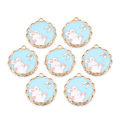 Alloy Enamel Pendants, with Crystal Rhinestone, Cadmium Free & Nickel Free & Lead Free, Light Gold, Flat Round with Rabbit & Moon, Sky Blue, 25.5x23.5x2mm, Hole: 1.6mm(ENAM-N055-103B)