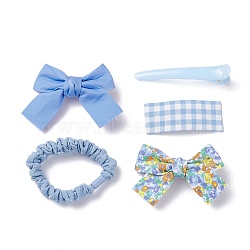 Cloth Accessories Set, Hair Tie & Alligator Hair Clips & Snap Hair Clips, Bowknot & Rectangle & Teardrop, Light Sky Blue, 13~19mm, Inner Diameter: 38~50mm, 5pcs/bag(MRMJ-P014-03)