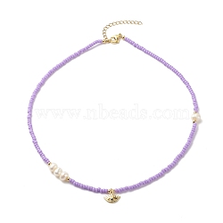 Brass Evil Eye Pendant Necklace with Cubic Zirconia, Glass Seed & Natural Pearl Beaded Necklace for Women, Lilac, 16.85 inch(42.8cm)(NJEW-JN03909-04)