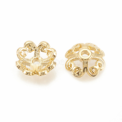 Brass Bead Caps, Flower, 4-Petal, Hollow, Nickel Free, Real 18K Gold Plated, 7.5x7.5x2.5mm, Hole: 1mm(KK-S345-089)