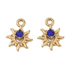 304 Stainless Steel Pendants, Sun Charms, with Rhinestone, Ion Plating(IP), Golden, 11x9x2.5mm, Hole: 1.4mm(RB-CBAC830-03G)