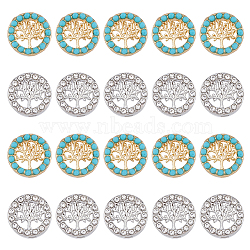 50Pcs 2 Style Alloy Slide Charms, with Synthetic Turquoise & Crystal Rhinestone, Flat Round with Tree of Life, Platinum & Golden, 12x5.5mm, Hole: 1.8mm & 2.1x7.7mm, 25pcs/style(FIND-DC0003-59)