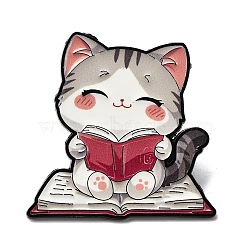 Cat Reading Book Enamel Pins, Alloy Lapel Pin Backs for Backpack Clothes, Gray, 31.5x33.5mm(JEWB-I055-05EB-03)