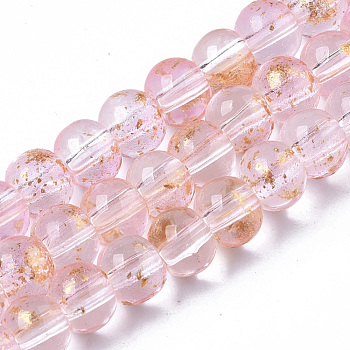 Transparent Spray Painted Glass Bead Strands, with Golden Foil, Round, Pink, 4~5mm, Hole: 0.9~1.2mm, about 95~103pcs/Strand, 13.78 inch~14.88 inch(35~37.8cm)