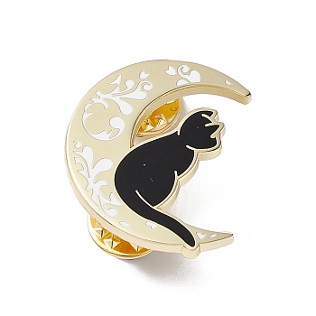Moon with Cat Enamel Pin, Golden Brass Brooch for Backpack Clothes, Black, 31x29x2mm, Pin: 1.2mm.