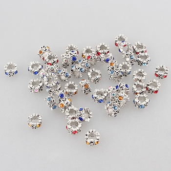 Antique Silver Zinc Alloy Ring Rhinestone Large Hole Beads, Mixed Color, 10x6mm, Hole: 5mm