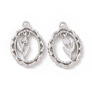 Alloy Pendants, Hollow, Oval with Tulip, Platinum, 23x16x3mm, Hole: 1.6mm