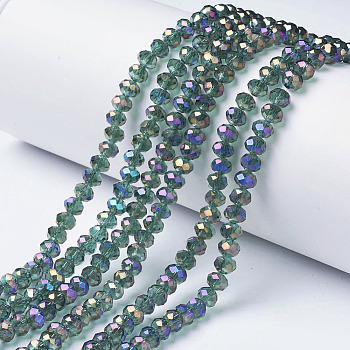 Electroplate Transparent Glass Beads Strands, Full Rainbow Plated, Faceted, Rondelle, Medium Sea Green, 4x3mm, Hole: 0.4mm, about 123~127pcs/strand, 16.5~16.9 inch(42~43cm)