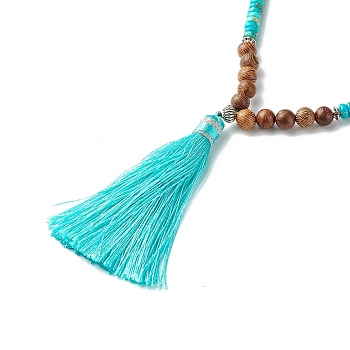 Tassel Nylon Big Pendant Necklace for Girl Women, Round Natural Imperial Jasper & Wenge Wood Beads Necklace, 26.77 inch(68cm)