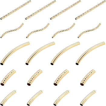 50Pcs 5 Style Brass Tube Beads, Long-Lasting Plated, Faceted Tube, Real 24K Gold Plated, 20~35x1.5~3mm, Hole: 0.8~3mm, 10pcs/style