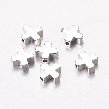 Brass Beads, Cross, Real Platinum Plated, 8x8x3mm, Hole: 1.4mm