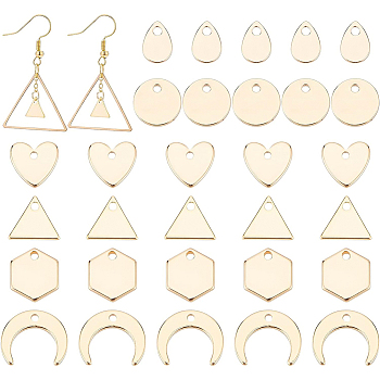 60Pcs 6 Style Brass Charms, Nickel Free, Long-Lasting Plated, Flat Round & Heart & Triangle & Teardrop & Hexagon & Crescent Mooon, Real 18K Gold Plated, 7~9x5~11x1mm, Hole: 0.6~1mm, 10pcs/style