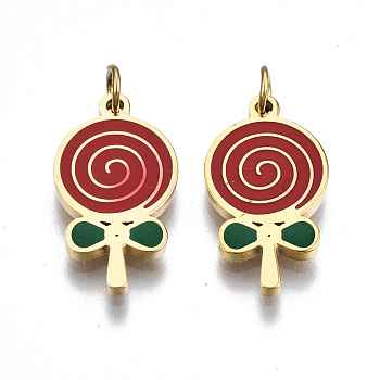 316 Surgical Stainless Steel Enamel Pendants, with Jump Rings, Lollipop, Red, Real 14K Gold Plated, 17x9x1mm, Jump Ring: 3.8x0.6mm, 2.6mm inner diameter