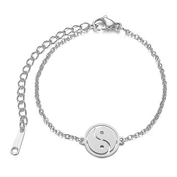 Feng Shui 201 Stainless Steel Link Bracelets, with Cable Chains and Lobster Claw Clasps, Flat Round with YinYang, Stainless Steel Color, 6-3/8 inch~6-7/8 inch(16.3~17.4cm), 1.5mm