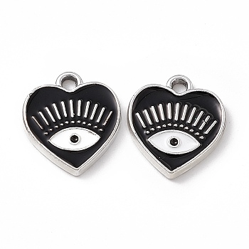 Alloy Enamel Pendants, Platinum, Heart with Eye Charm, Black, 14.5x13x1.5mm, Hole: 1.6mm