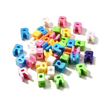 UV Plating Opaque Acrylic Beads, Iridescent, Letter, Letter R, 18.5~22.5x12~20x13~14mm, Hole: 6mm