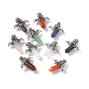Natural & Synthetic Gemstone Pendants, with Antique Silver Tone Alloy Bat Findings, Cadmium Free & Lead Free, Faceted Bullet Charm, Mixed Dyed and Undyed, 47x39x14mm, Hole: 6x9mm