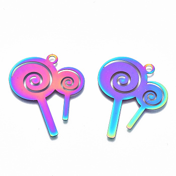 201 Stainless Steel Pendants, Ion Plating(IP), Lollipop, Rainbow Color, 36.5x29.5x0.3mm, Hole: 2mm