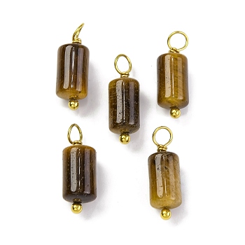 Natural Tiger Eye Cloumn Pendants, Geometric Charms with Golden Tone 304 Stainless Steel Loops, 17.5x6x6mm, Hole: 2mm