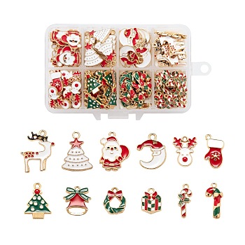 120Pcs 12 Style Light Gold Christmas Theme Alloy Enamel Pendants, Christmas Tree & Santa Claus & Moon & Reindeer/Stag & Glove & Jingle Bell & Candy Cane & Christmas Wreath & Gift, Mixed Color, 10pcs/style