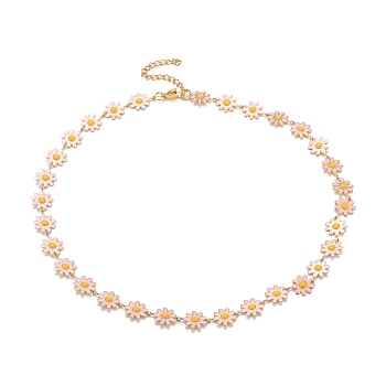 Enamel Daisy Link Chain Necklace, Vacuum Plating 304 Stainless Steel Jewelry for Women, Golden, Pink, 16.3 inch(41.5cm)