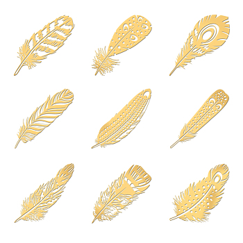 Nickel Decoration Stickers, Metal Resin Filler, Epoxy Resin & UV Resin Craft Filling Material, Golden, Feather, 40x40mm, 9pcs/set