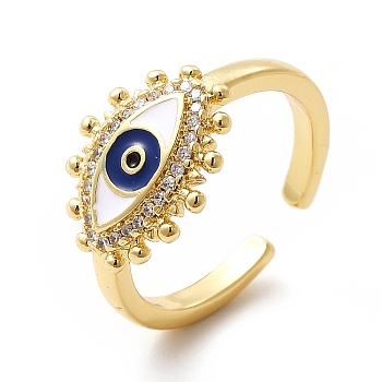 Enamel Evil Eye Open Cuff Ring with Cubic Zirconia, Brass Jewelry for Women, Real 18K Gold Plated, US Size 7 1/4(17.5mm)