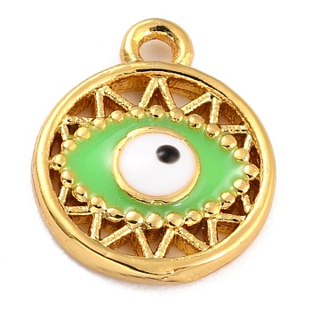 Golden Brass Enamel Pendants, Long-Lasting Plated, Flat Round with Evil Eye, Green, 12x9.5x1.5mm, Hole: 1.2mm