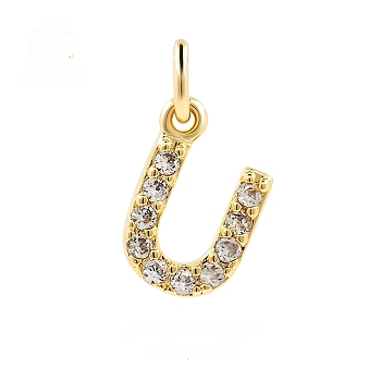 Brass Cubic Zirconia Pendants with Jump Rings, Real 18K Gold Plated, Letter U, 15x11.5x2.2mm, Hole: 2.8mm