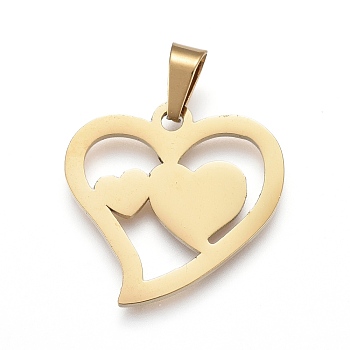 Valentine's Day 304 Stainless Steel Pendants, Laser Cut, Heart with Heart, Golden, 19x19x1.1mm, Hole: 3x5mm