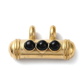 Boho Style Natural Obsidian 3-Bead Pendants, Column Charms with Golden Plated 304 Stainless Steel Findings, 14.5x28x9mm, Hole: 4mm