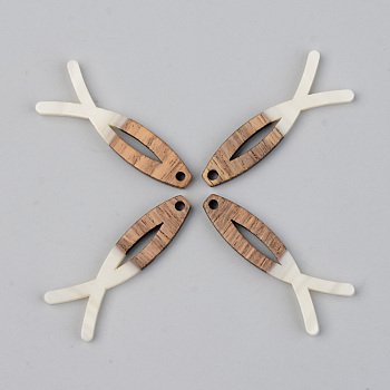Opaque Resin & Walnut Wood Pendants,  Jesus Fish, For Easter, Floral White, 38x14x3mm, Hole: 2mm