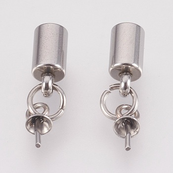 Stainless Steel Cup Bail Pin Pendants, with Cord Ends, End Caps, For Half Drilled Beads, Stainless Steel Color, 17.5mm, Hole: 3mm, Pin: 0.8mm, Inner Diameter: 9x4mm