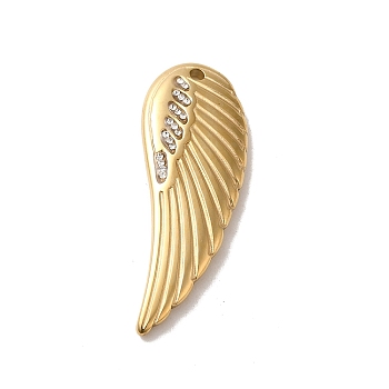 304 Stainless Steel Pendants, with Crystal Rhinestone, Wing Charm, Real 14K Gold Plated, 31x11x2.5mm, Hole: 1.5mm